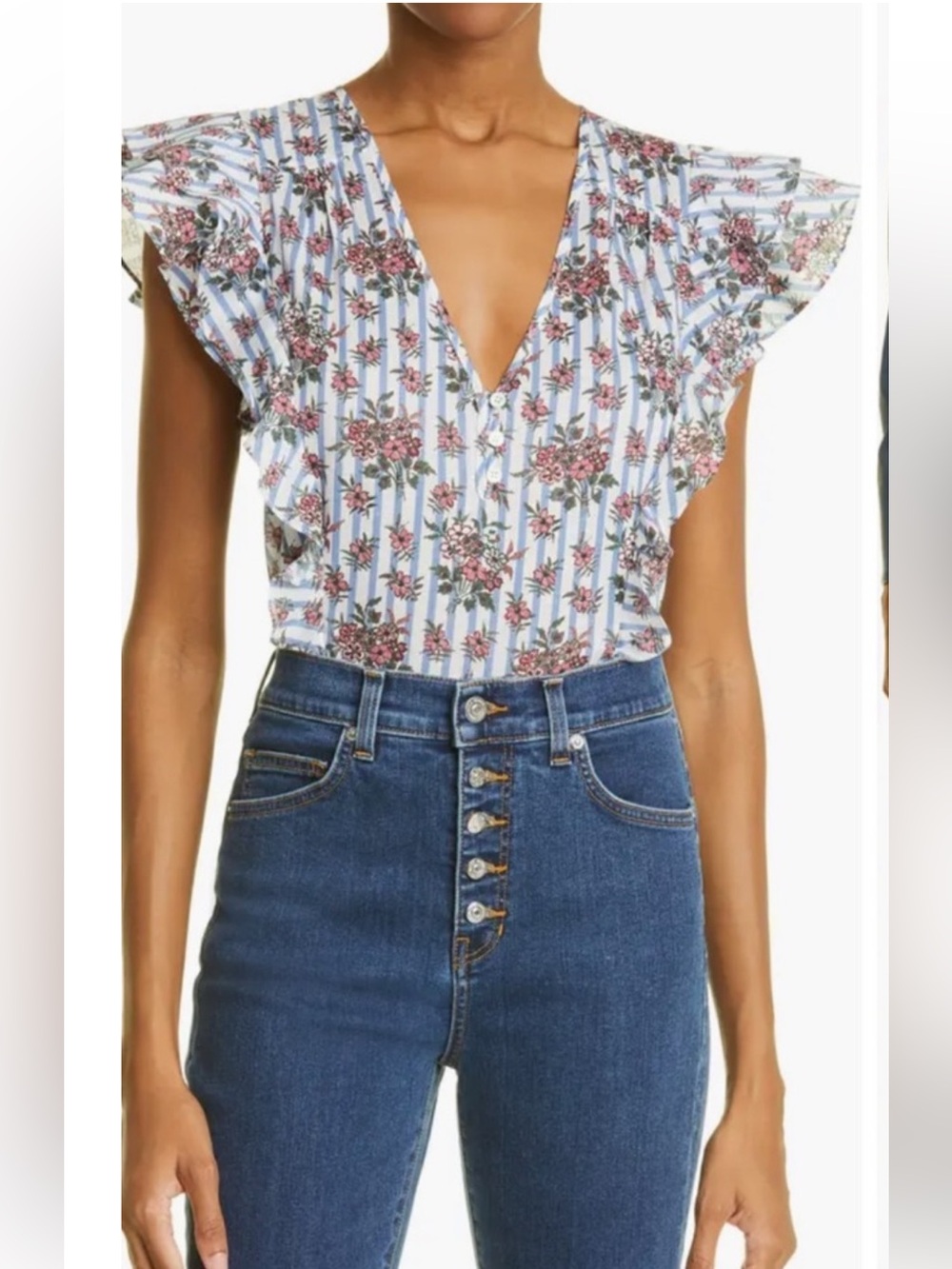 Veronica Beard Joi Flutter Sleeve Blouse Size 6 Floral Stripe Ruffle Designer